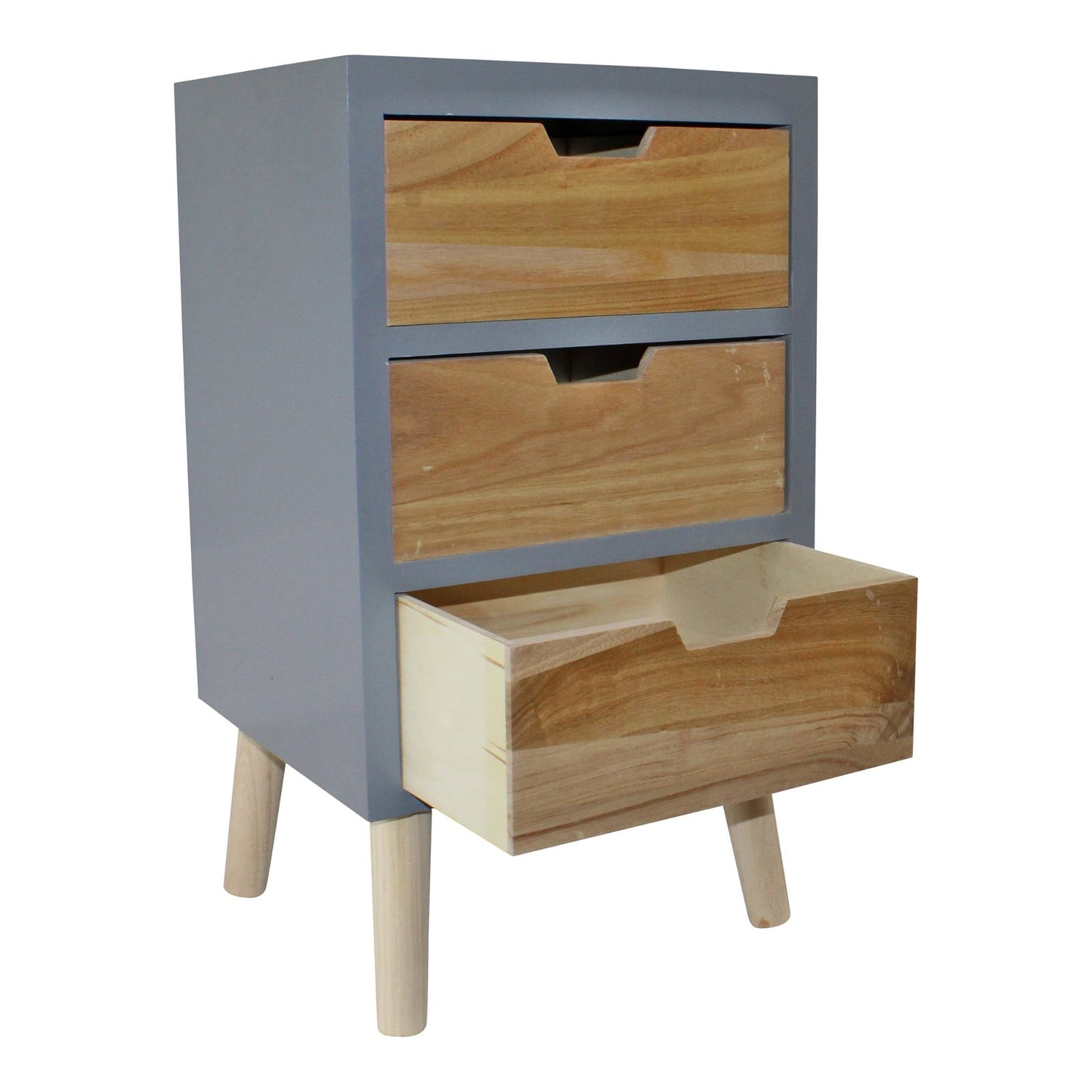 3 Drawer Chest In Grey Finish With Natural Drawers & Removable Legs