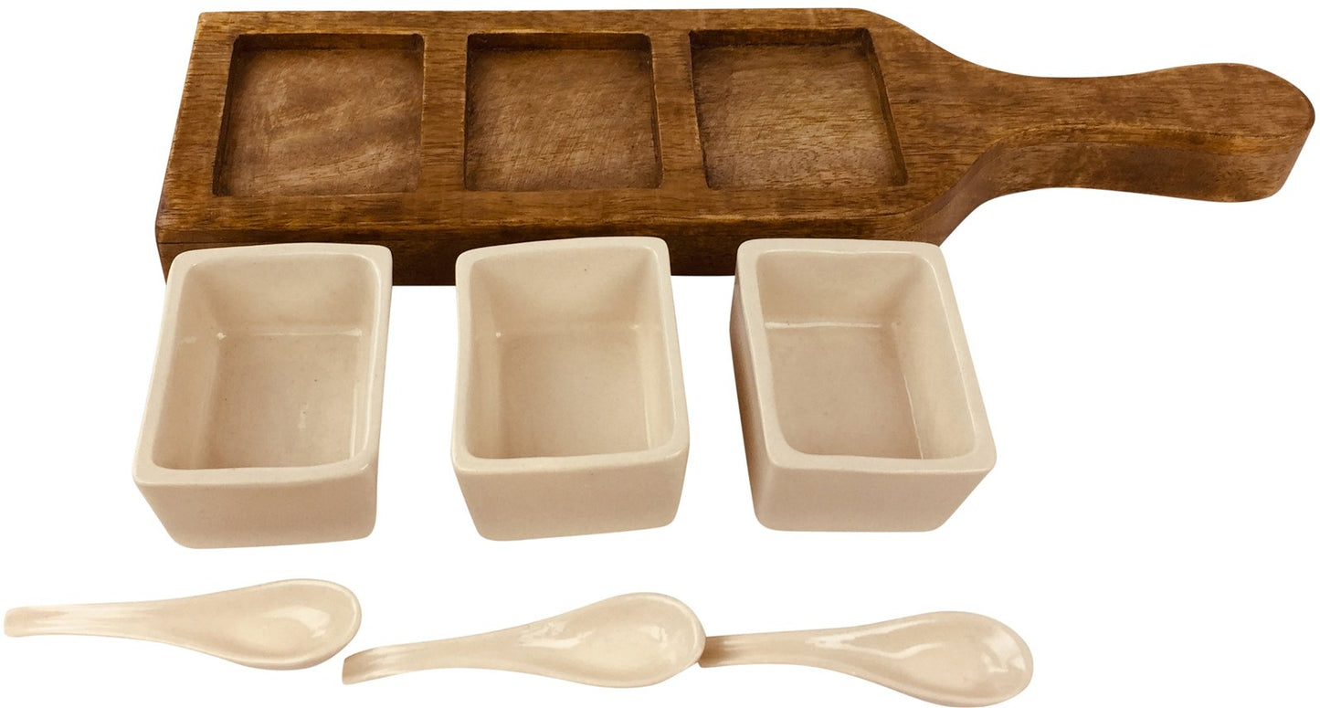 Wooden Tray With Dip Bowls & Spoons 36cm