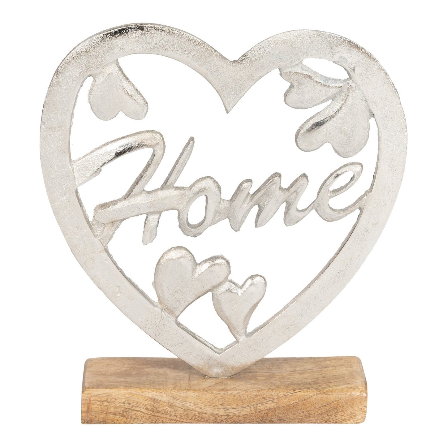 Metal Silver Heart Home On A Wooden Base Large