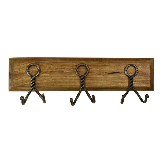 3 Piece Double Metal Hooks On Wooden Base