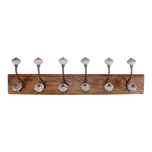 6 Double Ceramic Ivory Coat Hooks On Wooden Base