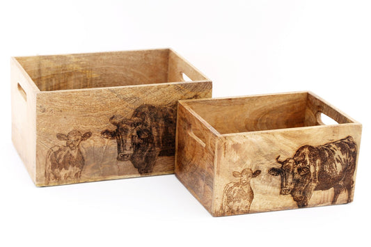 Set Of Two Engraved Cow Crates