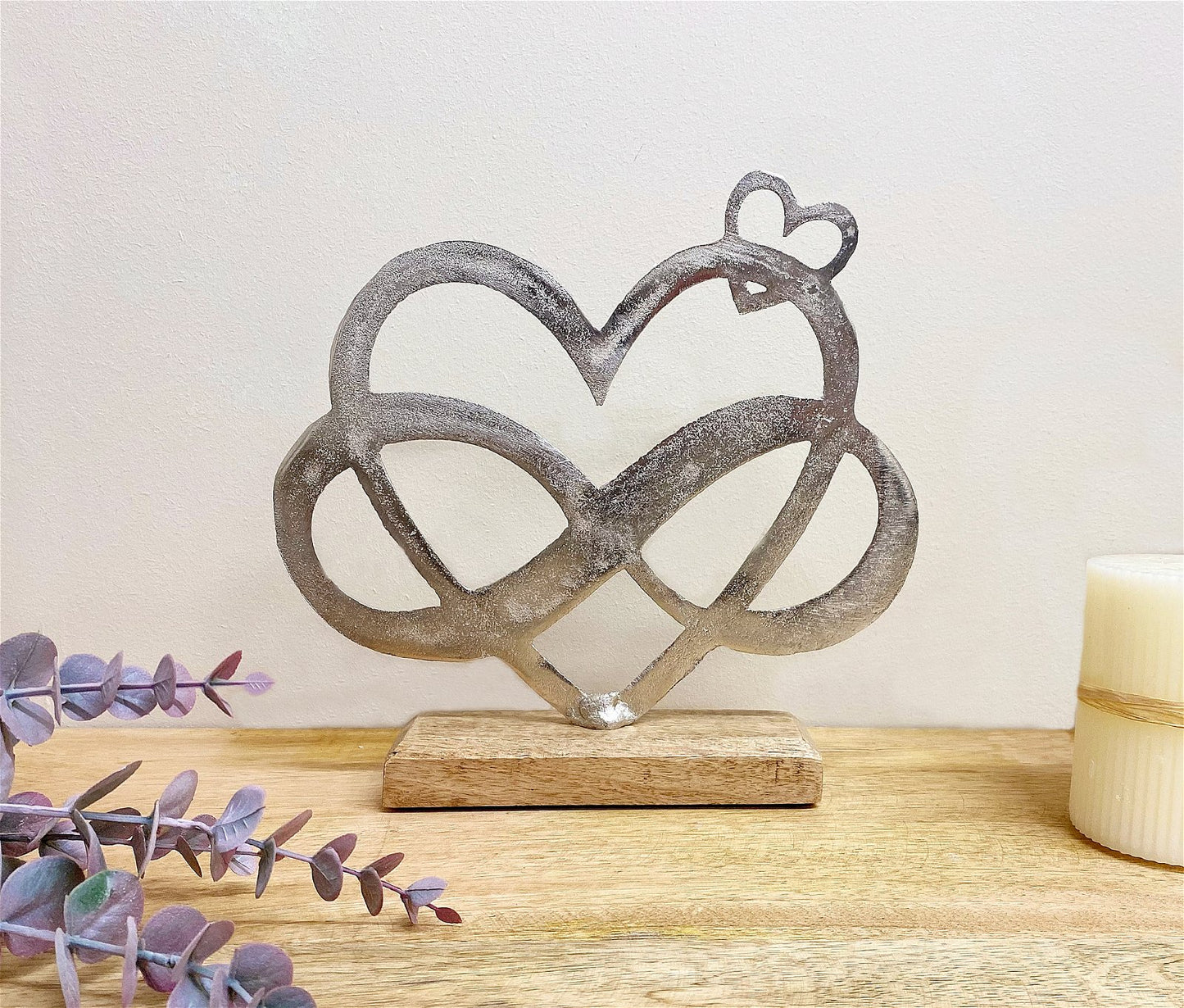 Metal Silver Entwined Hearts On A Wooden Base Medium